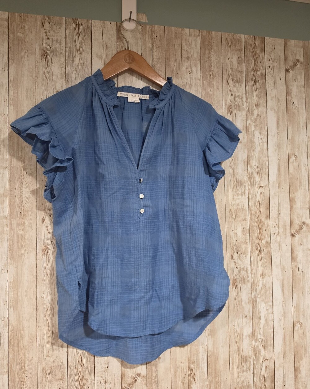 Veronica Beard Blue Plaid Cotton Woven Ruffle Sleeve V-Neck Blouse Size S